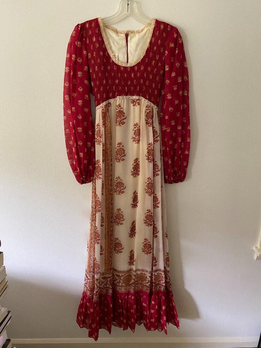 Rare 1970s Candi Jones Paisley Long Sleeve Boho Maxi Praire Dress XS/S